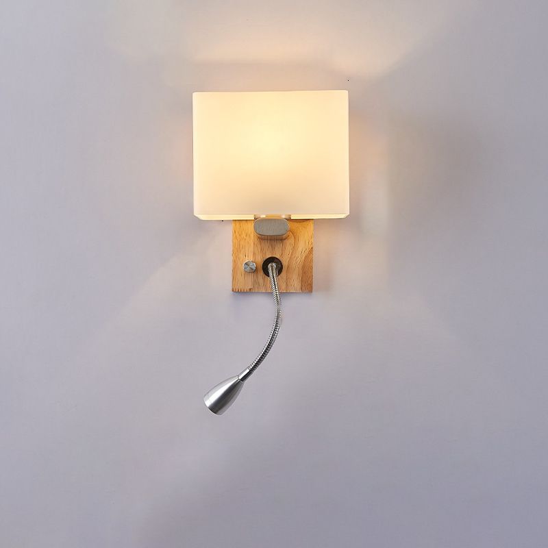 Modern Creative 2-Light Wall Sconce Wooden Geometric Wall Lamp with White Glass Shade