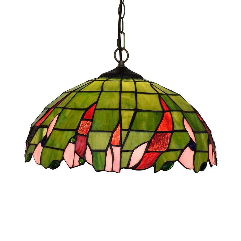 Stained Glass Domed Suspension Lamp Tiffany Stylish Green Ceiling Pendant Light for Bedroom
