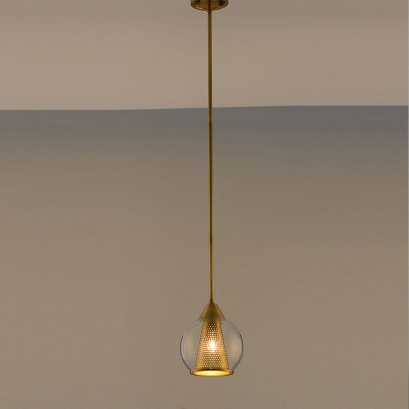 Sphere Pendant Ceiling Light Modern Smoke Gray Glass 1 Head Dining Room Hanging Lamp with Gold Cone Metal Shade Inside