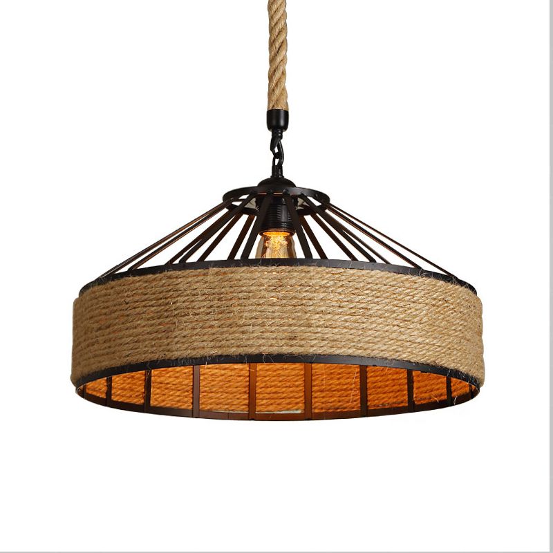 1 Head Suspension Lighting Farmhouse Rope Barn Shade Metal Drop Lamp in Black for Dining Room