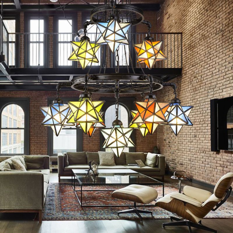 2 Tiers Star Chandelier Lamp Vintage Stained Glass Ceiling Light Fixture in Black Finish