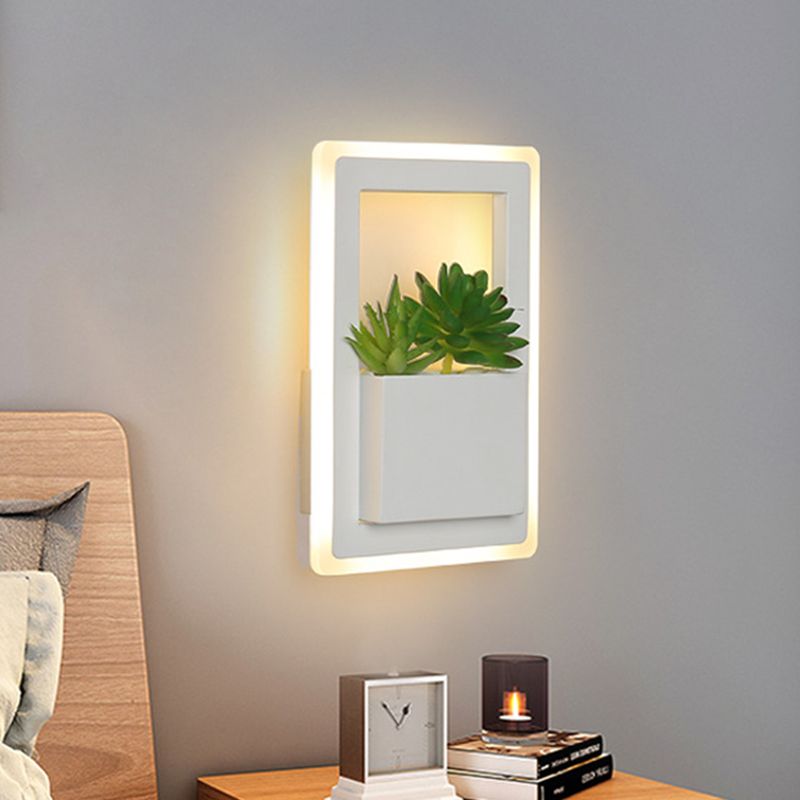White LED Wall Lighting Minimalist Acrylic Rectangle Wall Sconce with Plant Decoration for Bedroom, Warm/White Light