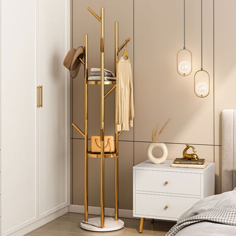 Metal Entry Hall Tree Marble Base Coat Rock with 2 Shelves , 66.92" H