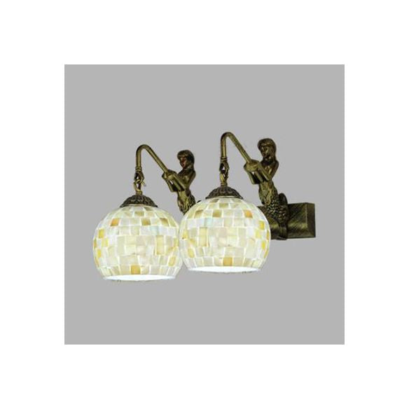Mosaic Shell Sconce Light Fixture Mediterranean 2 Lights Beige/White-Yellow/Yellow-Blue Wall Mounted Light for Bathroom