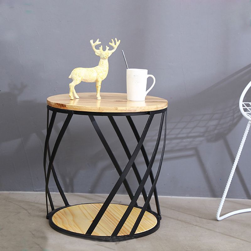 Drum End Table with Storage Solid Wood Round Top and Metal Base