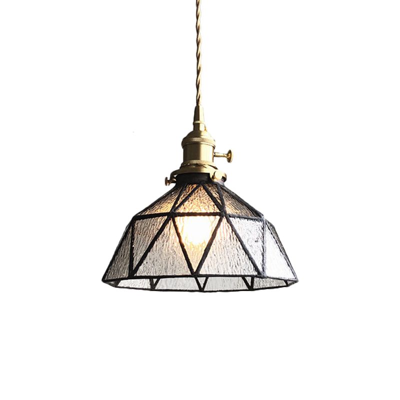 Blue/Clear Textured Glass Brass Pendant Faceted Barn Shaped 1 Light Country Style Hanging Ceiling Light