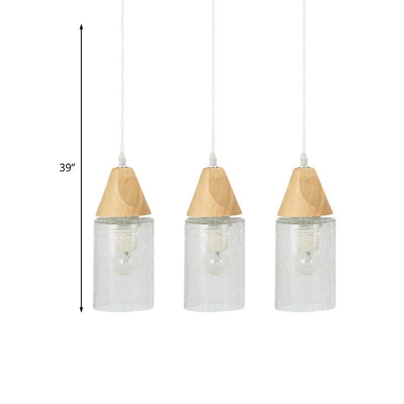 Clear Cracked Glass Tube Multi Light Pendant Modernism 3-Bulb Wood Suspension Lamp for Dining Room