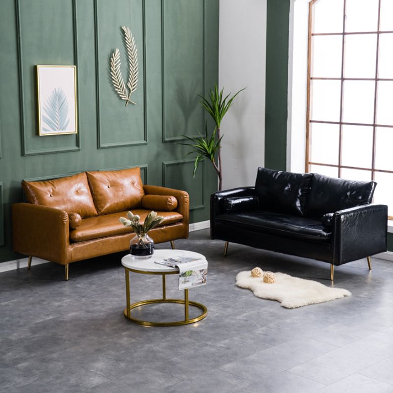 Glam Sofa with 2 Pillows Square Arm Faux Leather Living Room Seating