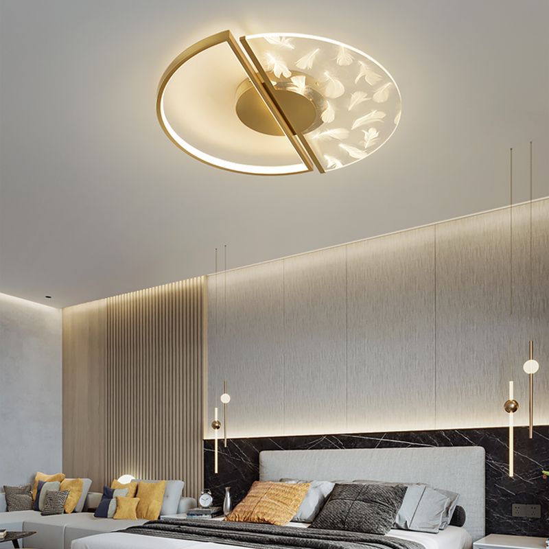 Modern Creative Feather LED Semi Flush Ceiling Light Circular Wrought Iron Flush Mount for Living Room