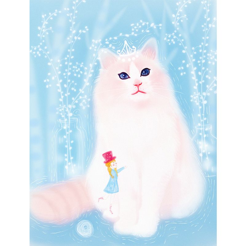 Giant Cat Mural Wallpaper in White on Blue Non-Woven Wall Decor, Stain Proof, Custom Size