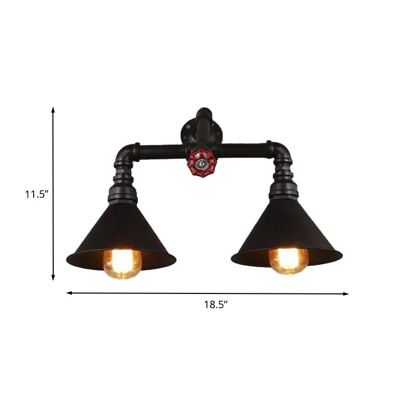 Vintage -Style -Kegelwandlampe mit Wasserrohr 2 Lichter Metallische Wandleuchte in Schwarz, 14,5/18,5 "Breite