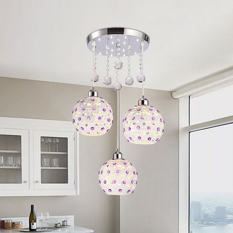 Sphere Multi-colgante Iron Modern 3 luces Techo de acabado blanco Colque de techo con decoración de cuentas de cristal púrpura