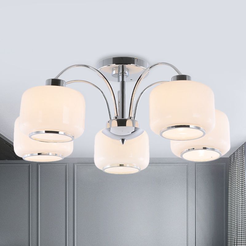 Chrome Arched Semi Flush Light Modern Style 5 Heads Metal Ceiling Mounted Lamp with Drum Opal Glass Shade