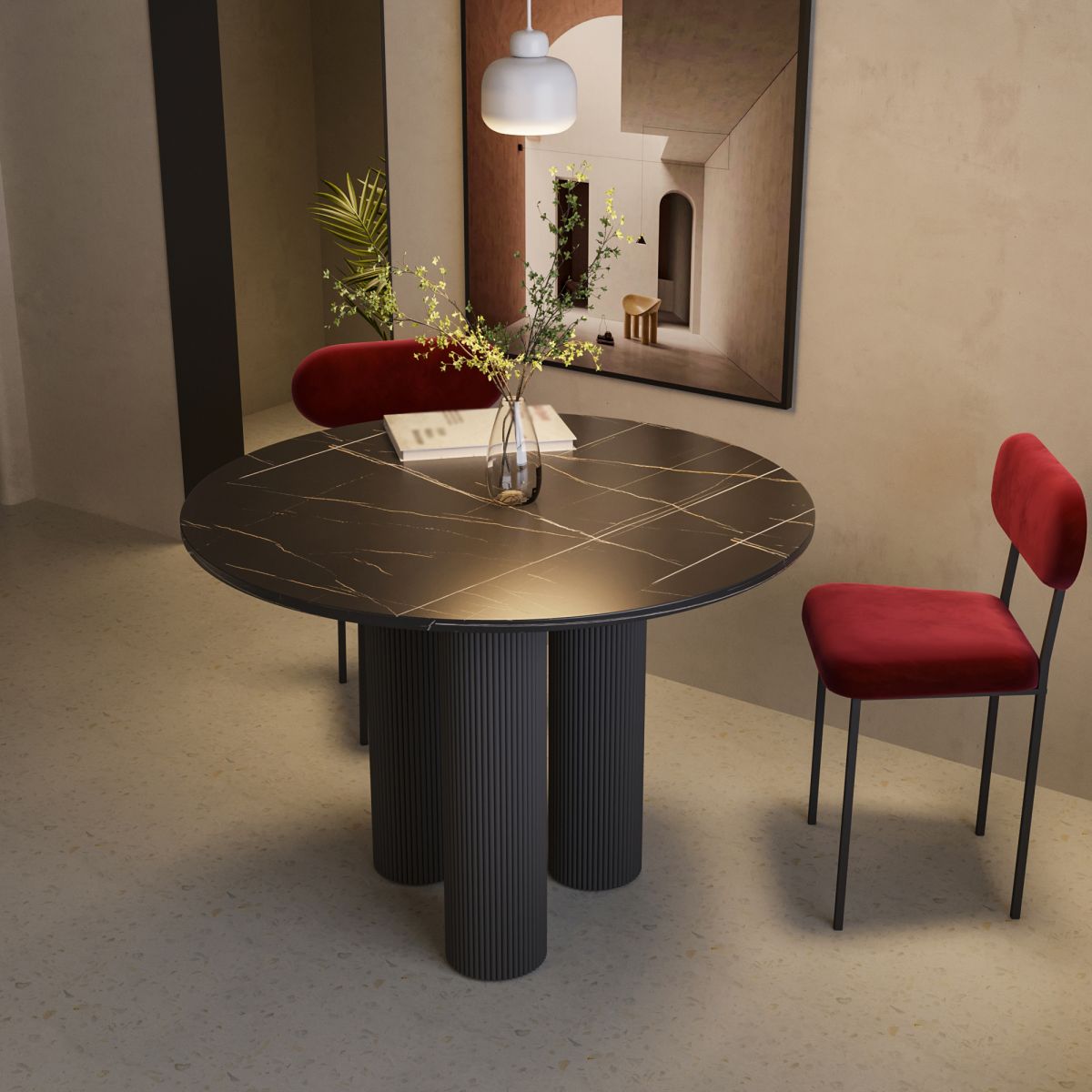 Round Shape Two-Color Dining Table Sintered Stone Table Contemporary with 3 Legs