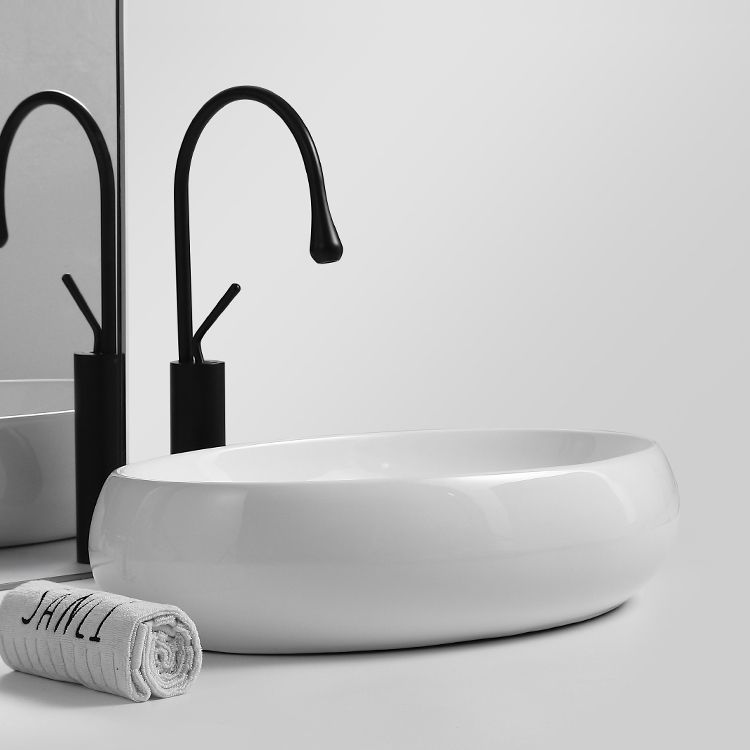 Traditional Vessel Lavatory Sink Oval Porcelain with Pop-Up Drain Basin Sink