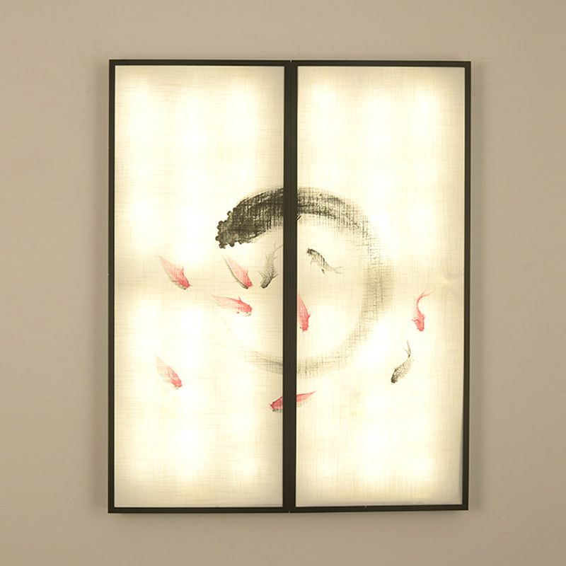 Carp Art Work Bedside LED Mural Lighting Fabric Chinese Style Sconce Light Fixture in Black