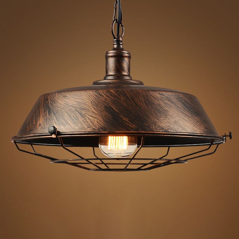 1-Light Wrought Iron Lid Shaped Hanging Light Retro Industry Style Iron Cage Shade Pendant Lamp for Restaurant