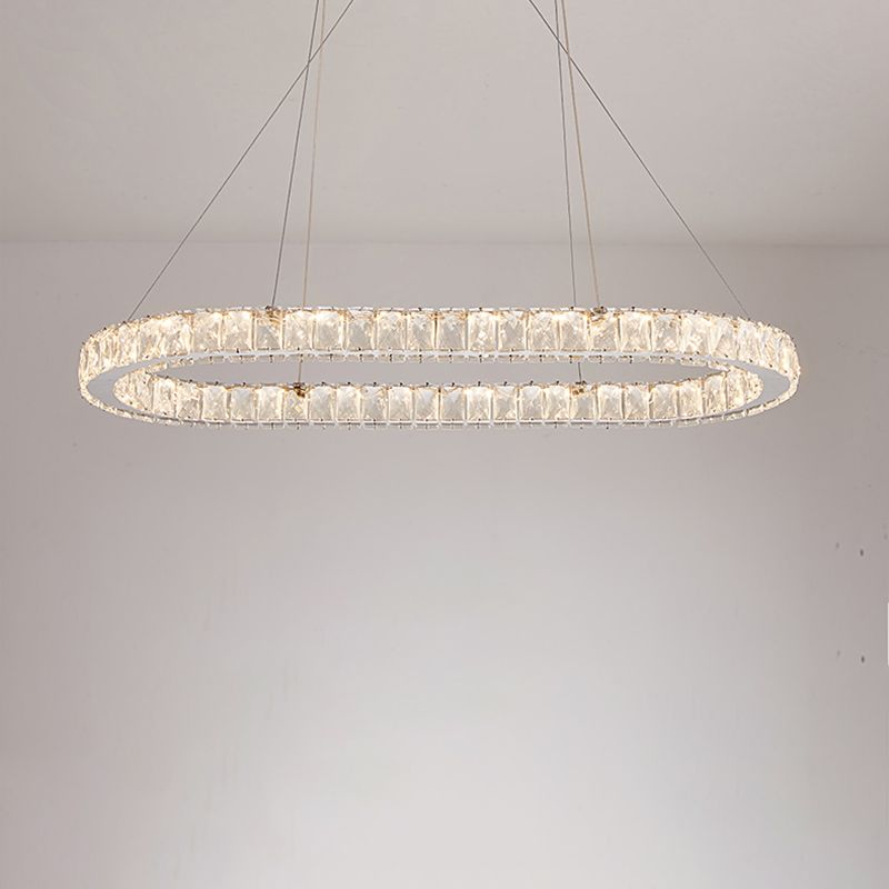Minimalist Oblong LED Hanging Light Crystal Dining Room Chandelier Pendant in Chrome