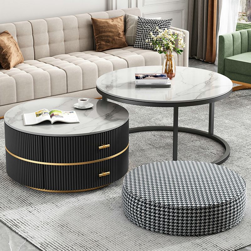 Round Slate Coffee Table Set Frame Cocktail Table with 2 Storage Drawers