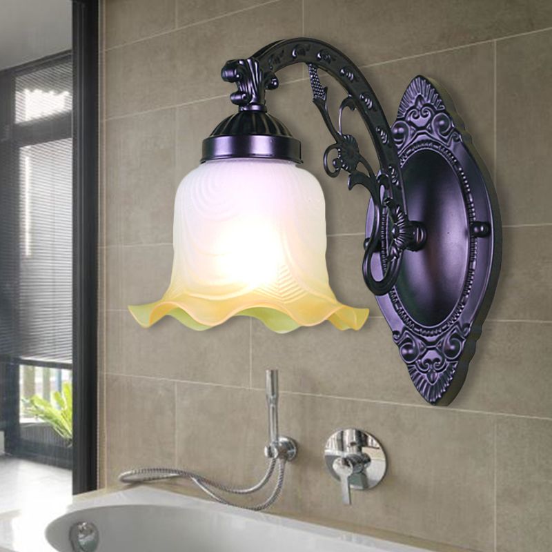 Flower Living Room Wall Light Sconce Vintage Style Metal 1/2 Lights Black/White Wall Lamp with Frosted Glass Shade