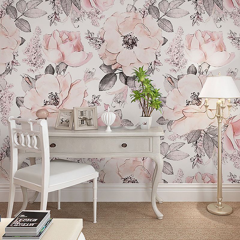 Romantic Grey and Pink Mural Wallpaper with Floral Design for Bedroom, Non-Woven Material