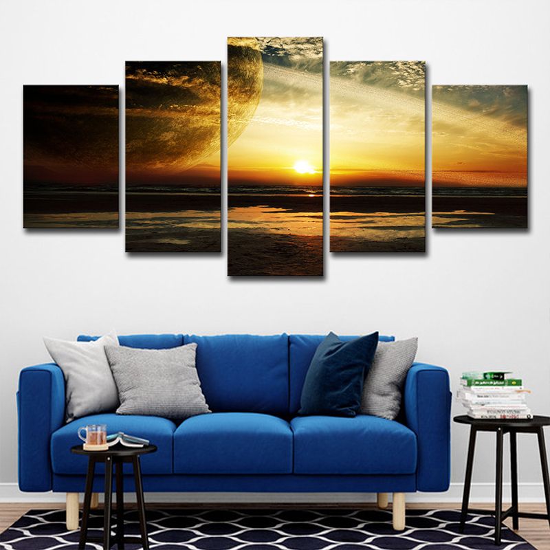Yellow Sunset Landscape Wall Art Planet Fictional Multi-Piece Canvas for Boys Room