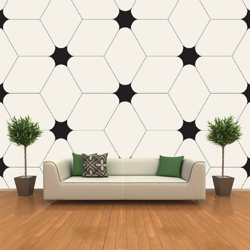 Geometric Cube and Star Mural Decal Minimalistic Non-Woven Cloth Wall Covering in Black-White