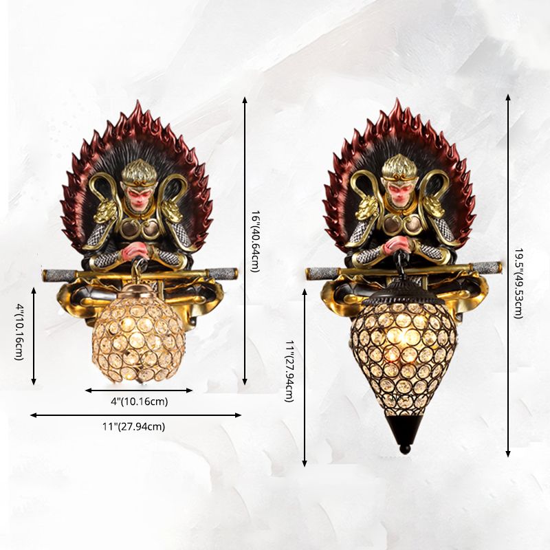 Resin Monkey King Wall Sconce Decorative 1-Light Wall Lamp with Crystal Shade