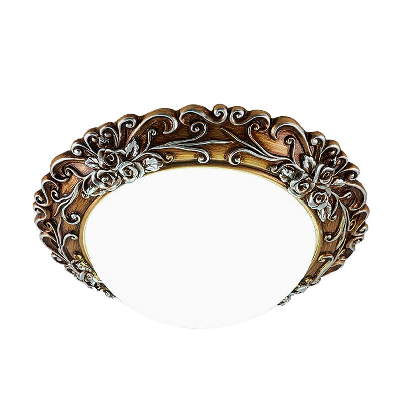 Milky Glass Semi-Orb Ceiling Fixture Traditional LED Corridor Flush Mount Lighting with Floral Edge in White and Gold/Brown