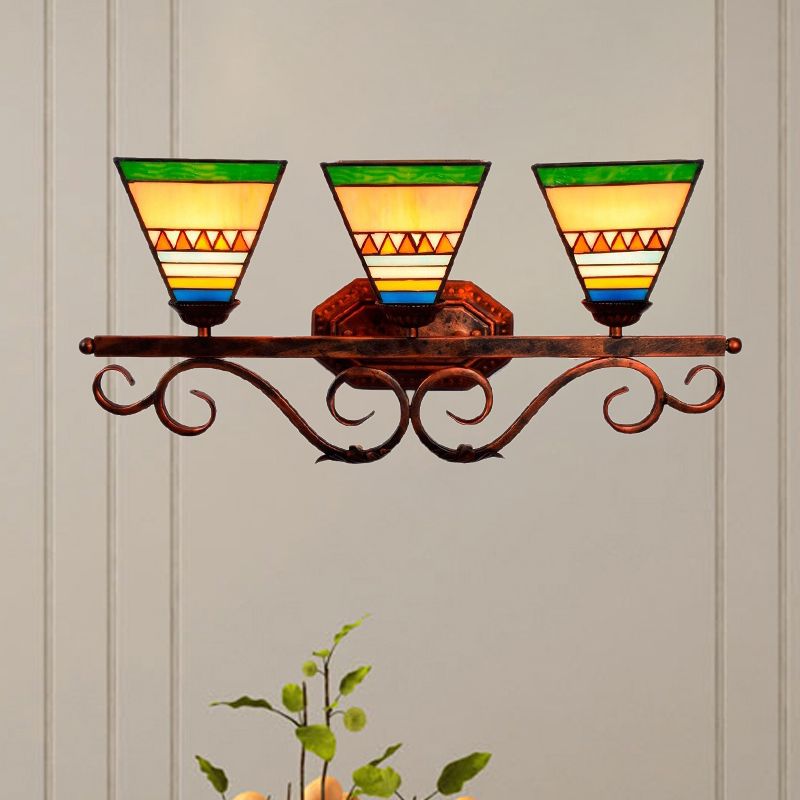 Bell/Pyramid Shaped Wall Light Fixture Mission Stained Glass 3 Heads Blue/Green Vanity Lighting