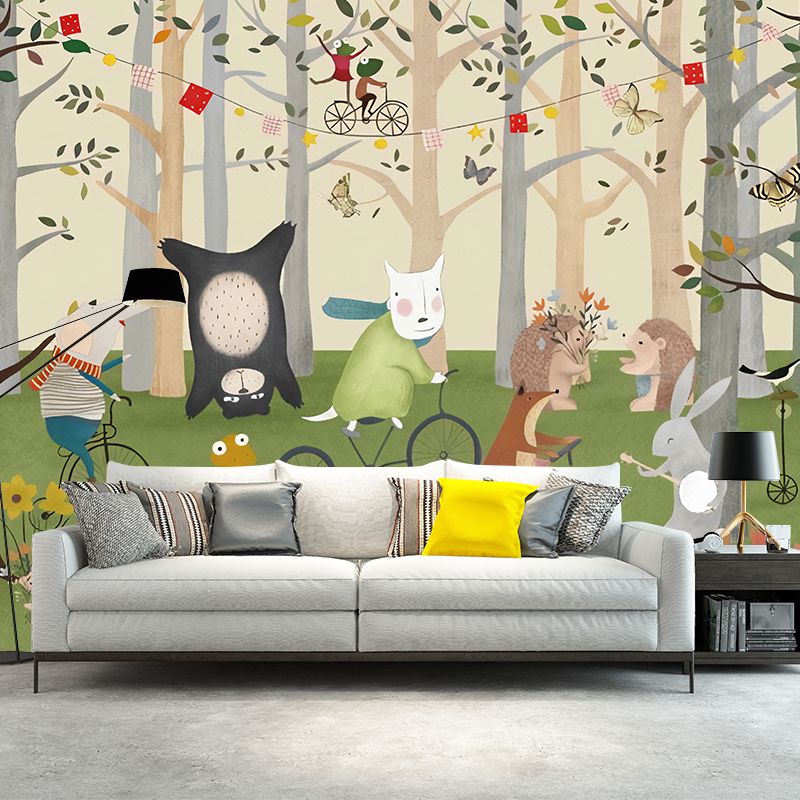 Fresh Animal and Forest Mural for Boy or Girl, Custom-Made Wall Covering in Beige and Green