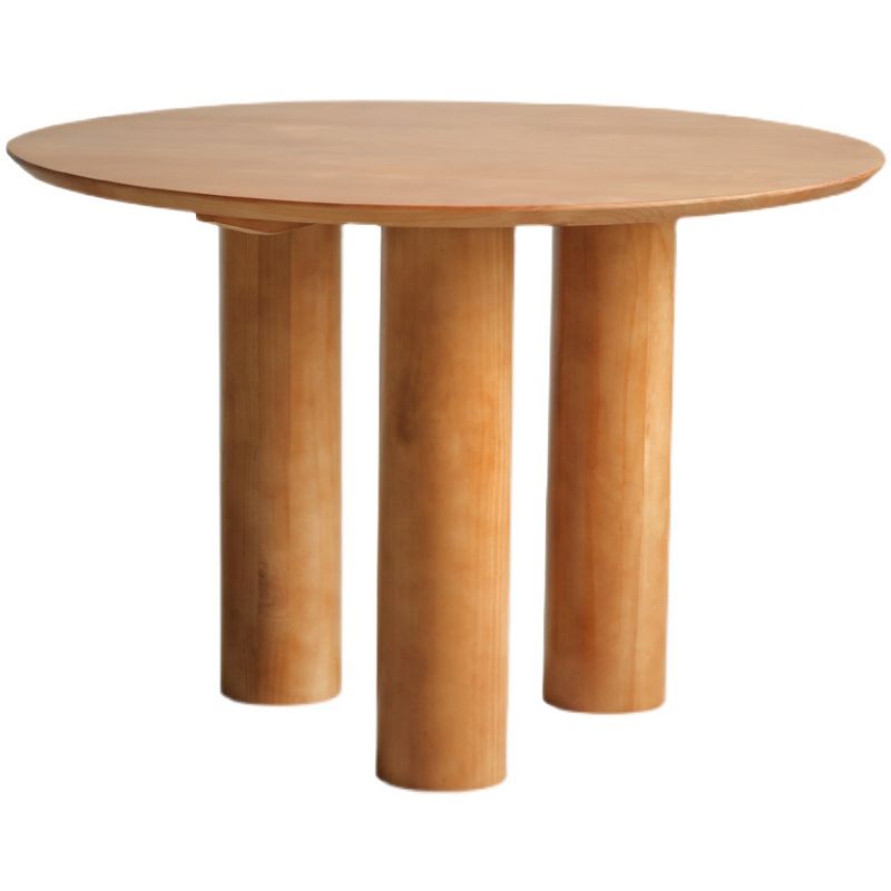 Round Pedestal Contemporary Dining Table Brown Tone Fixed Table of Solid Wood