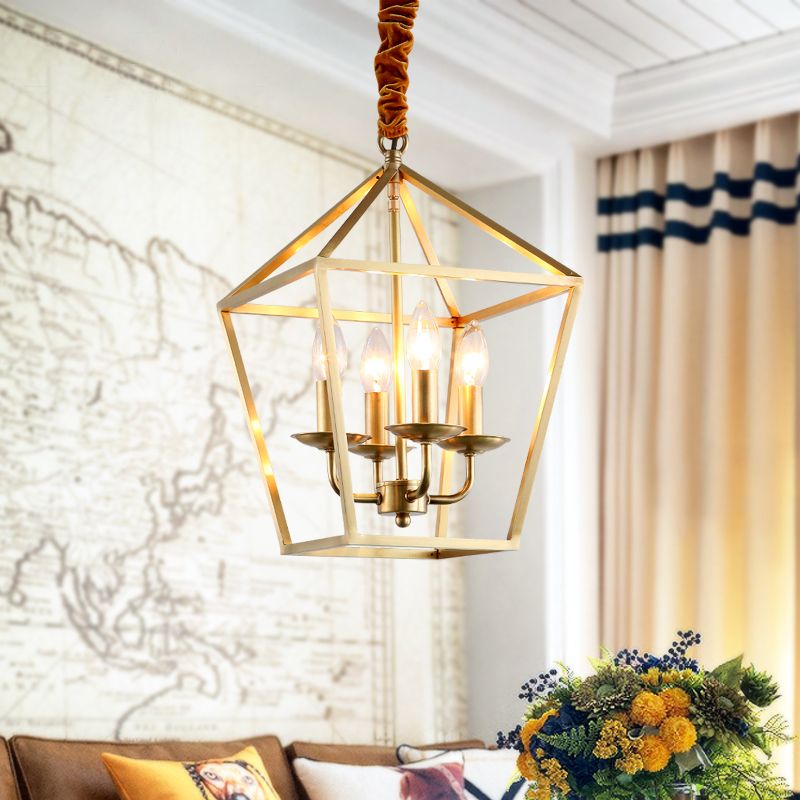 4 Bulbs Ceiling Lamp with Geometric Shade Metal Traditional Dining Room Chandelier Pendant Light in Gold