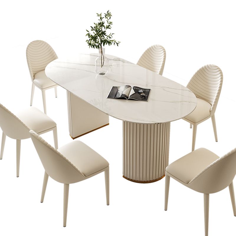 Oval Double Pedestal Modern Dining Table White Fixed Table with Sintered Stone