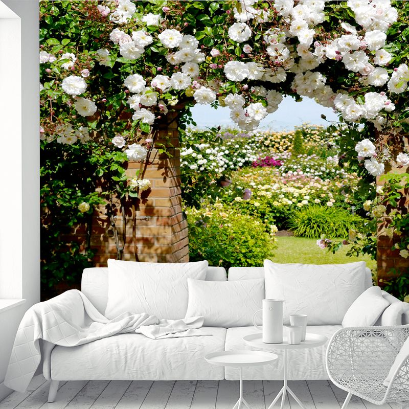 Photography Flower Archway Mural Decal for Living Room, Green and White, Custom Print