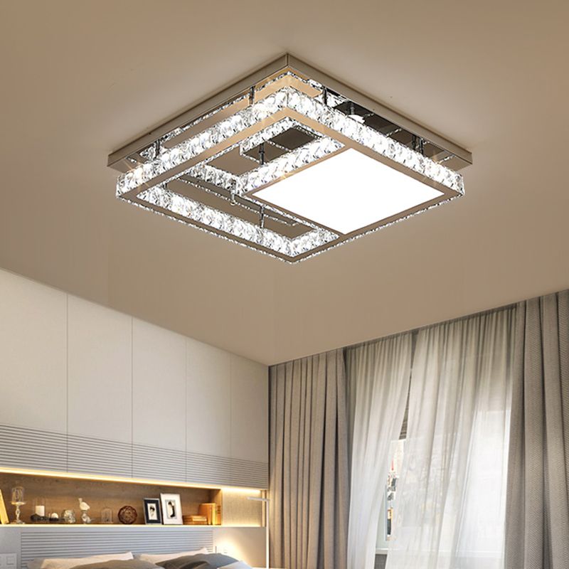 LED Clear Crystal Blocks Flushmount Light Contemporary roestvrije stalen vierkante slaapkamer plafondarmatuur, 19,5 "/23.5" breedte