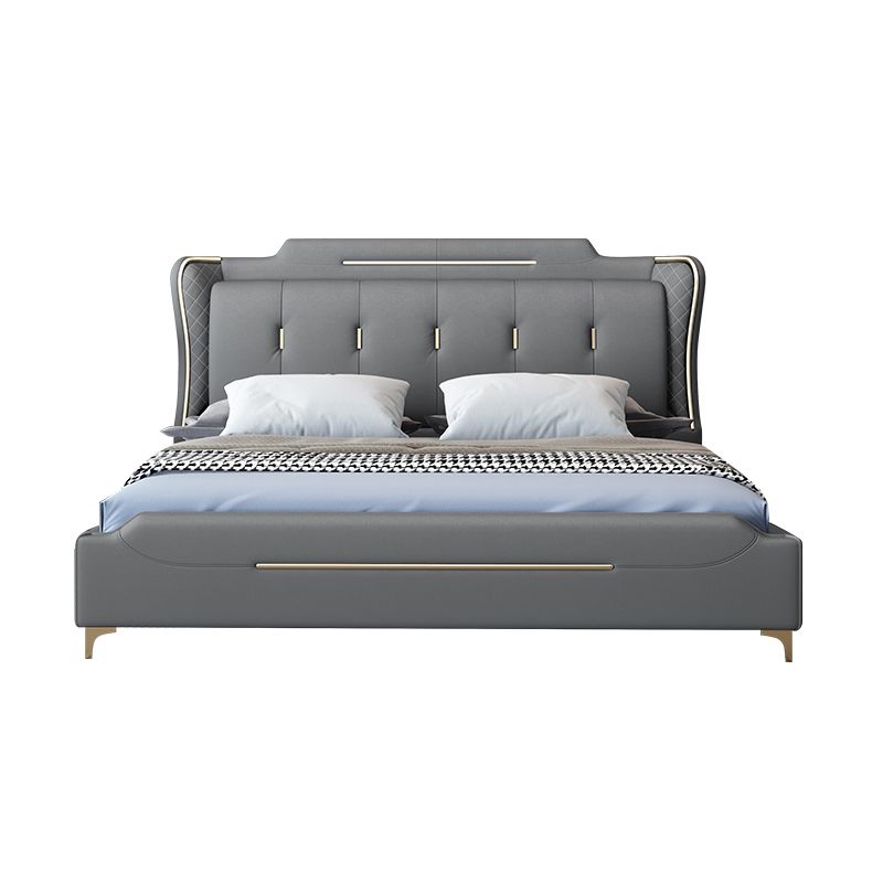 Faux Leather Glam Panel Bed with Wooden Upholstered Headboard