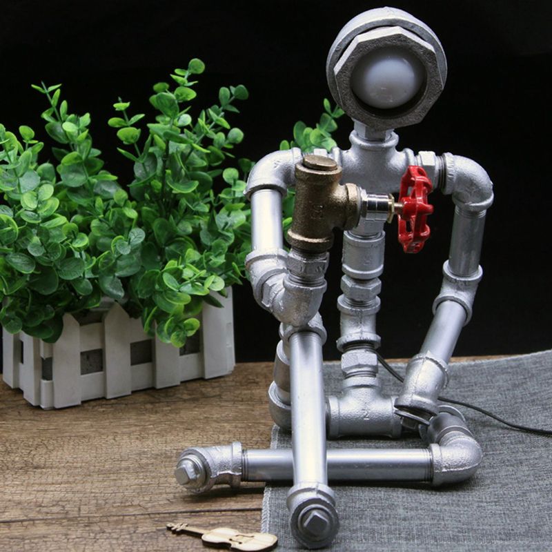 1 Bulb Nightstand Light Industrial Iron Pipe Man Table Lamp in Silver/Bronze with Red Valve Rotating Switch