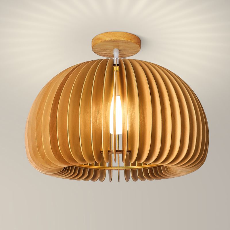 Modern Ceiling Light 1-Light Ceiling Mount Light with Wooden Shade for Bedroom