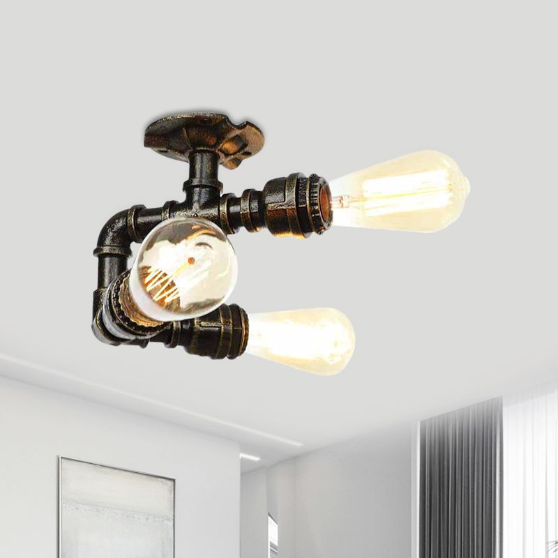 Industrial Bare Bulb Semi Flush Mount 3/4-Light Iron Flush Ceiling Lighting in Bronze