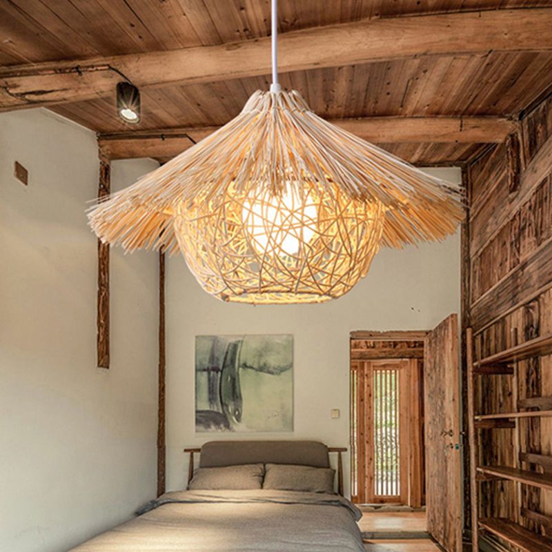 Beige Nest Suspension Pendant Light Asia-Style Rattan Pendant Light Fixture for Restaurant
