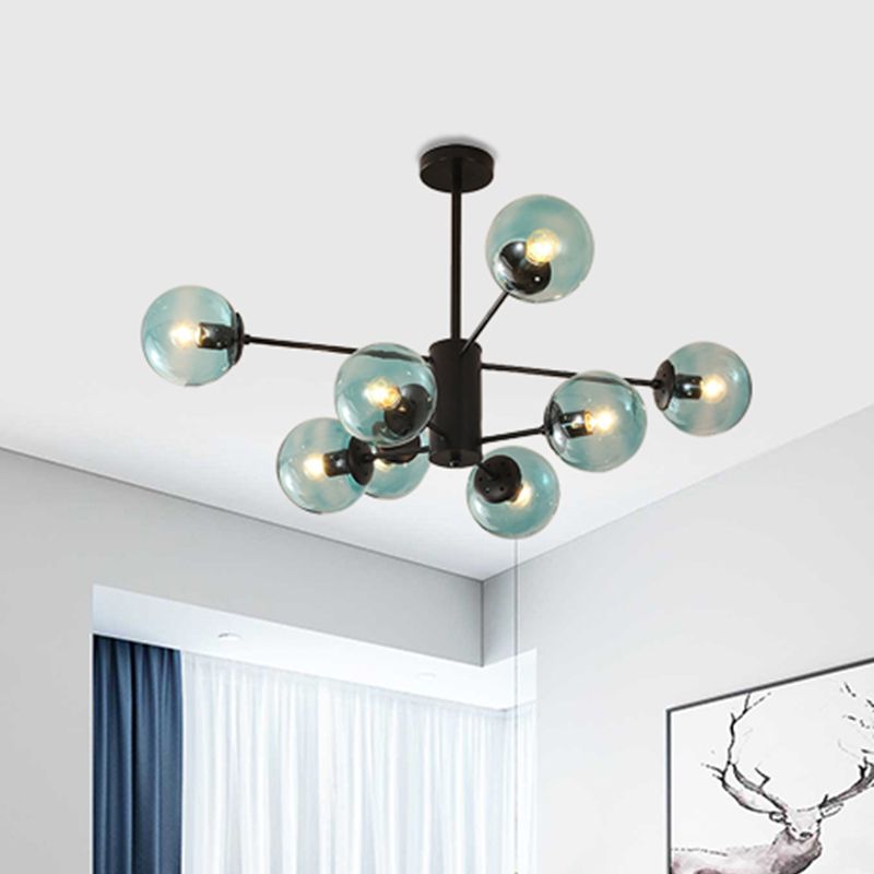 Amber/Blue/Clear Glass Spherical Chandelier Light Post Modern 6/8/10 Lights Black Pendant Lamp for Bedroom