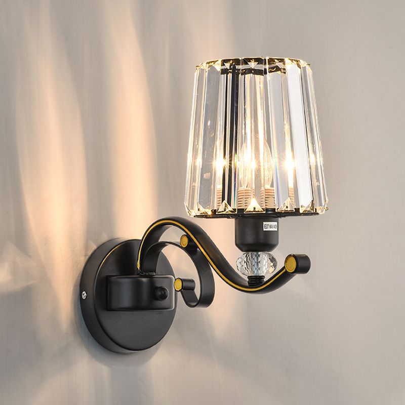 1/2-Bulb Tapered Sconce Lamp Modern Black Crystal Block Wall Light Fixture for Living Room