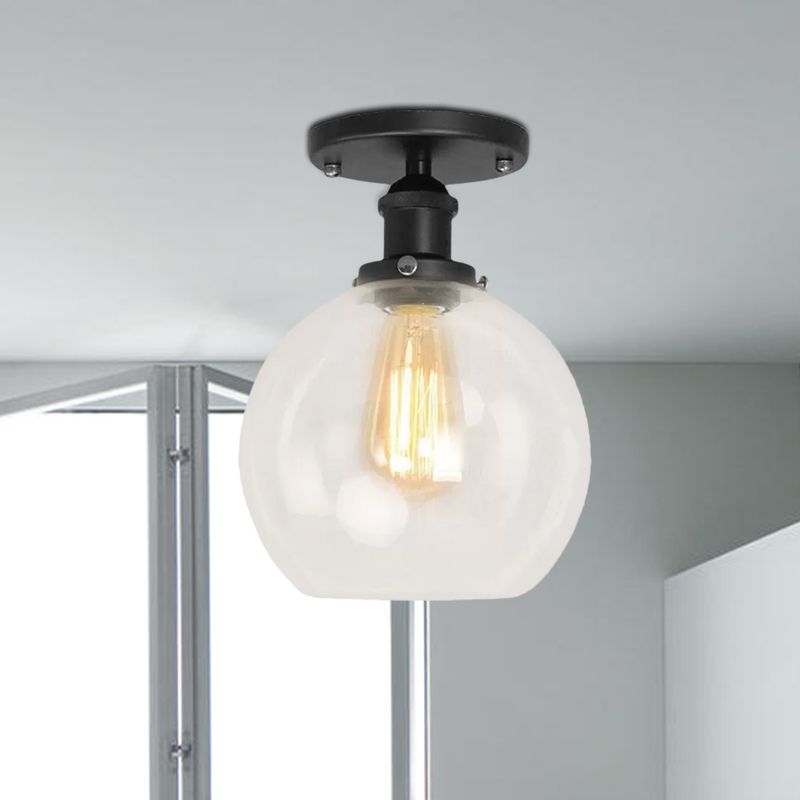 Plafonnier sphérique semi-affleurant industriel en verre transparent, une lumière, noir/laiton/cuivre, pour balcon