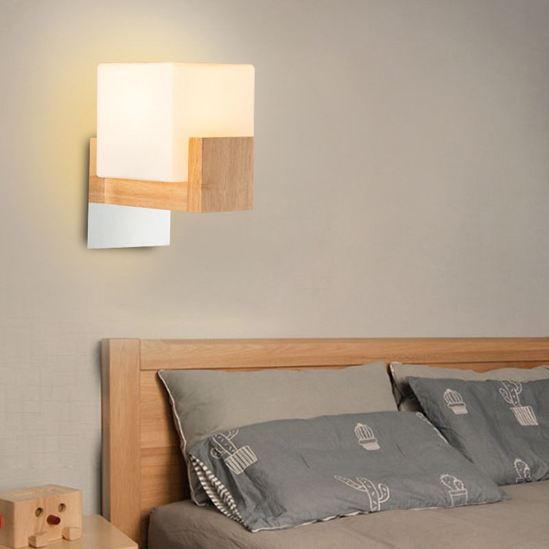 Kubus bedmuur sconce lamp wit glas enkele moderne stijl wandverlichting met houten achterplaat