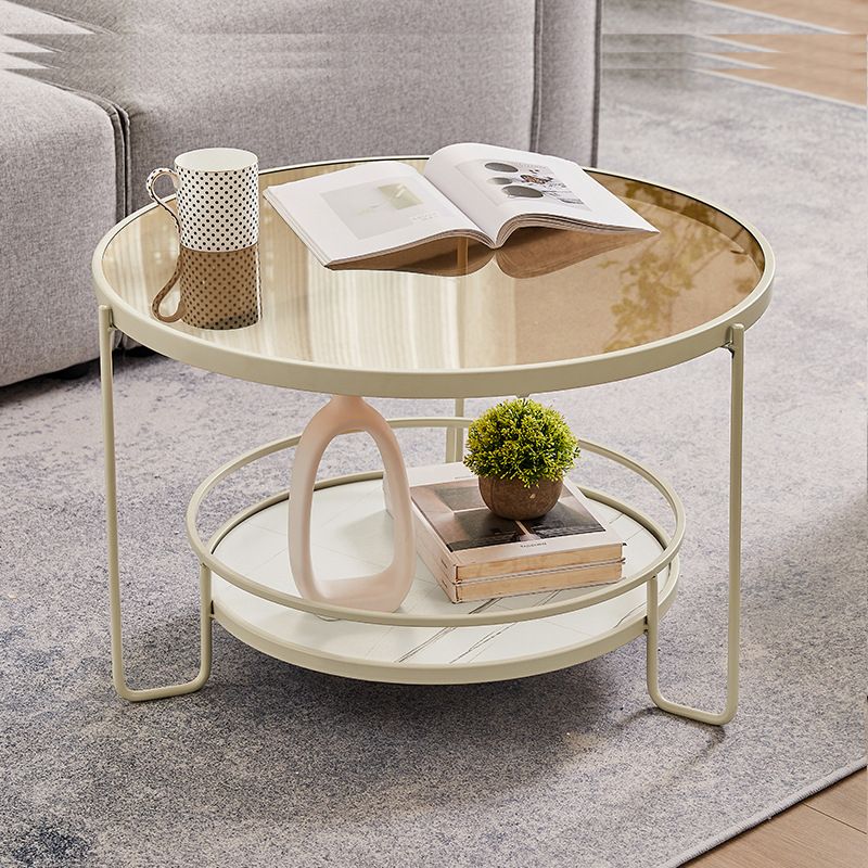 Contemporary Round Coffee Table with Glass Top and Stone Shelf