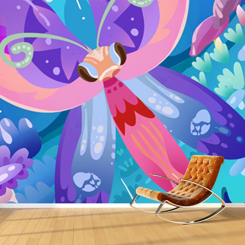 Blue Raining Meadow Wall Mural Butterfly Kids Waterproofing Wall Decor for Bedroom