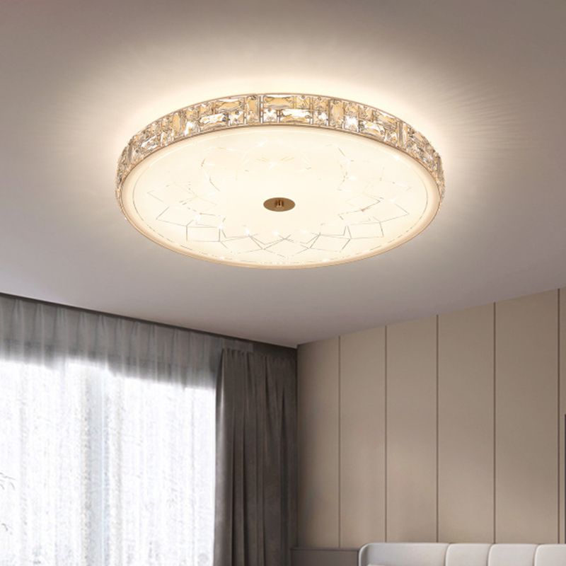 Crystal Round Flush Mount Minimalist LED Bedroom Ceiling Light in Gold with Glass Diffuser