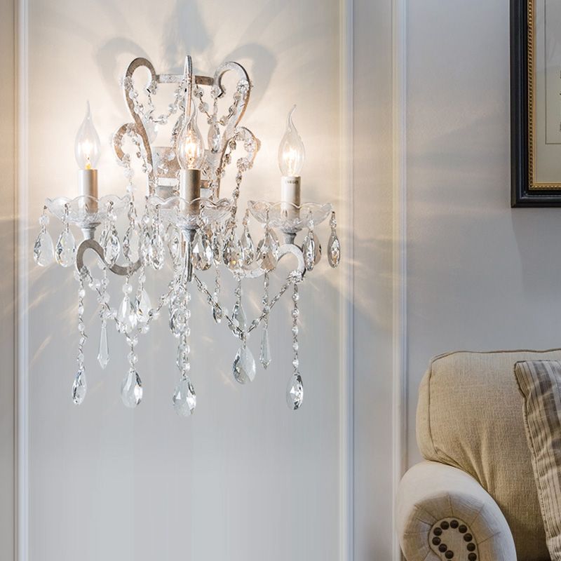 Candle Bedroom Sconce Light Rustic Metal 3 Bulbs Gold/Ivory Wall Lighting Fixture with Dangling Crystal Accent