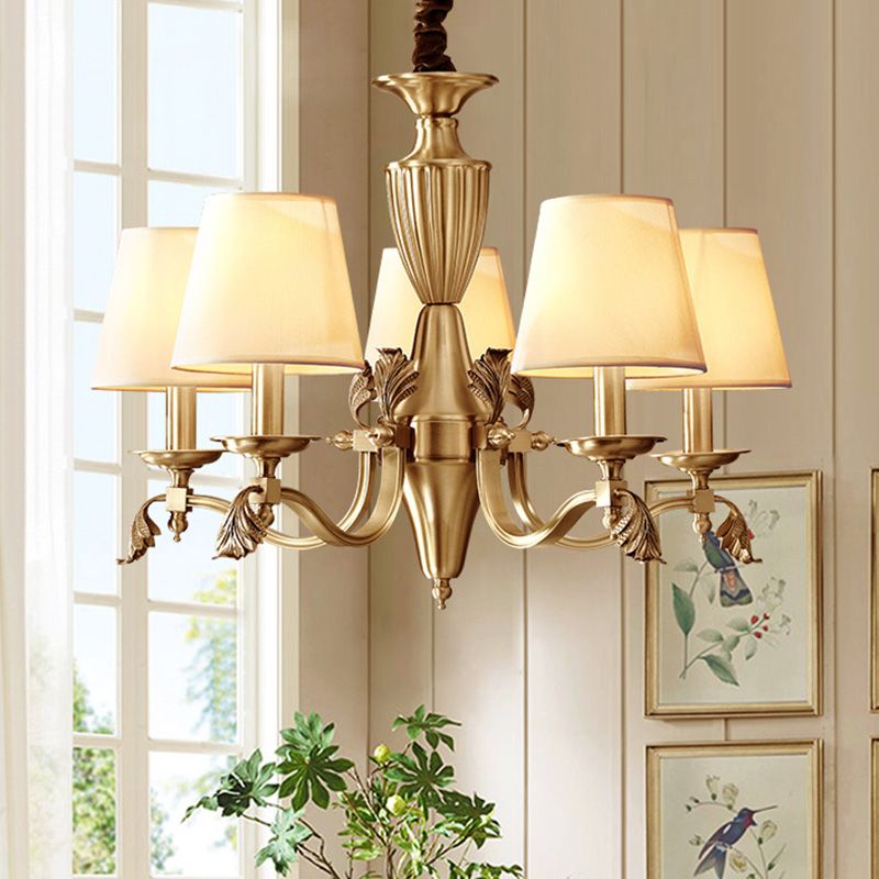 Brass Candelabra Ceiling Lighting Modern Metallic Chandelier Light Fixture with Tapered Fabric Shade